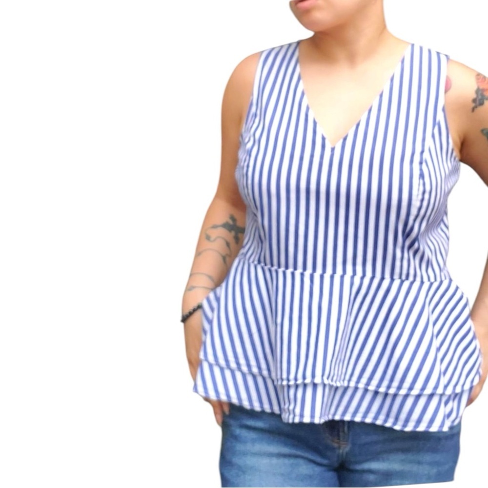 Blue and White Striped V-Neck Peplum Blouse
